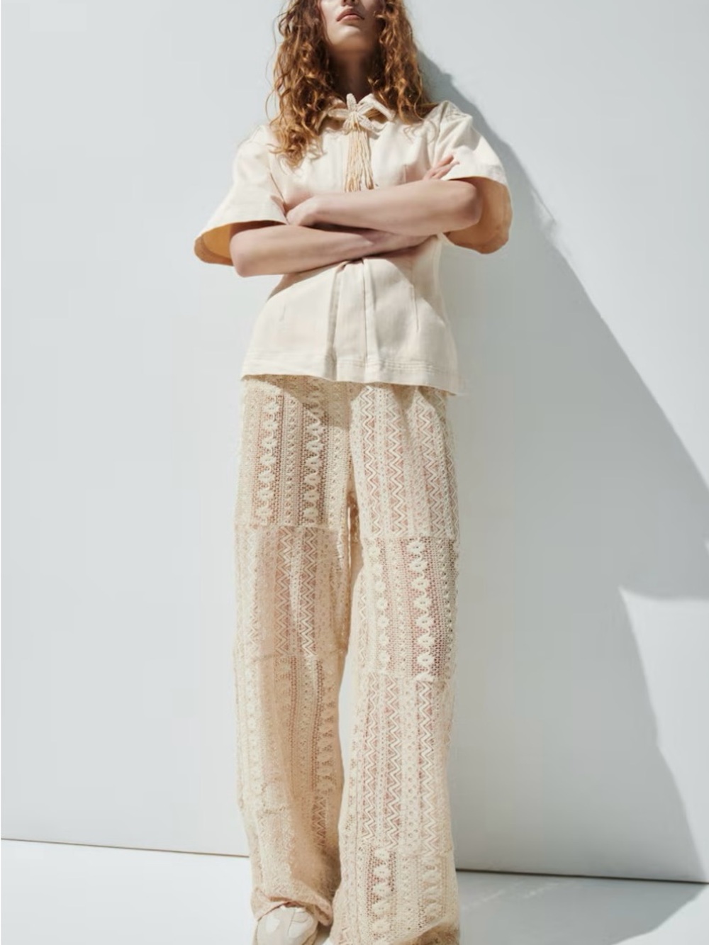H&M Cream Crochet Wide-Leg Pants